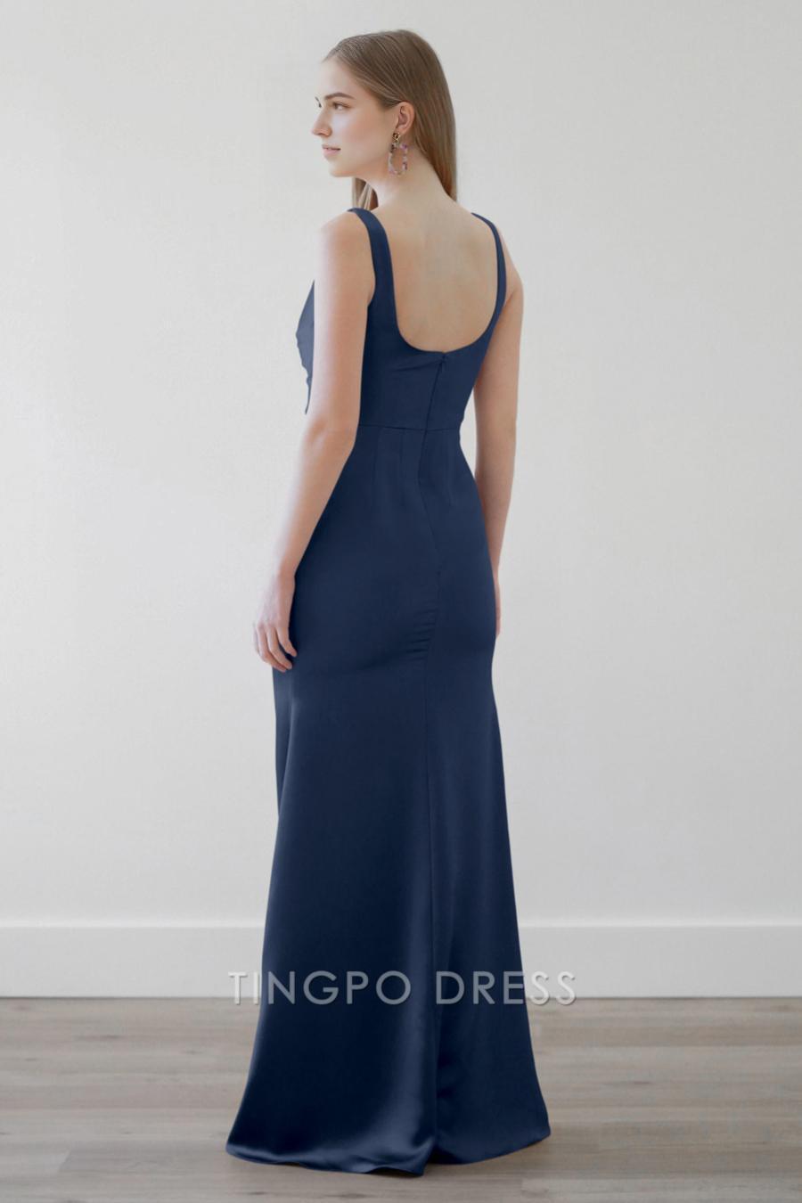 TingPo Wholesale Elegant Tight/columnar silk satin thin shoulder strap sleeveless sweeping train leg long dress